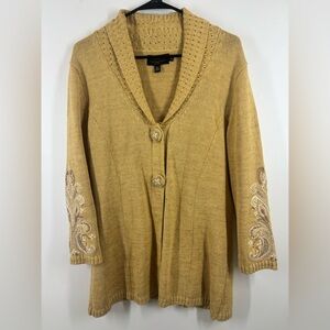 Vintage Ramie Blend Embroidered Oversized Boxy Knit Sweater Beige Yellow Medium